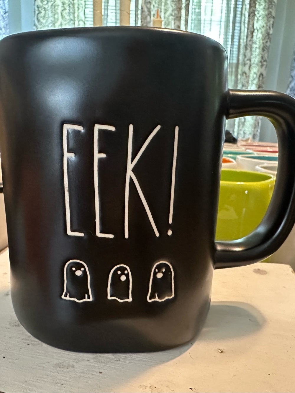 Rae Dunn Black Ceramic "EEK!" Mug with White Ghost Accents